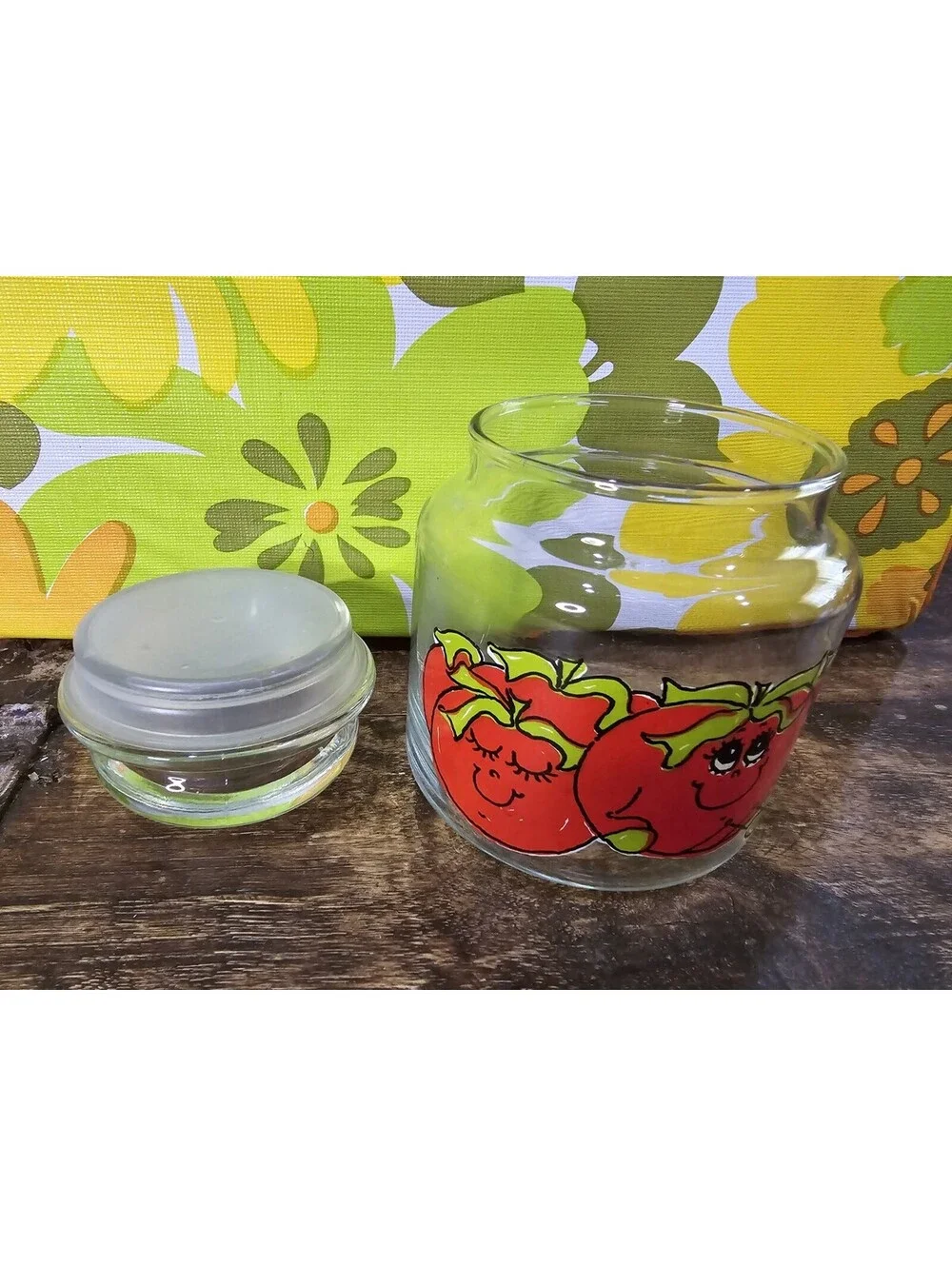 Vintage 1970’s  Hildi Happy Tomatoes  Glass Canister Jar With Lid 5 1/2” Tall